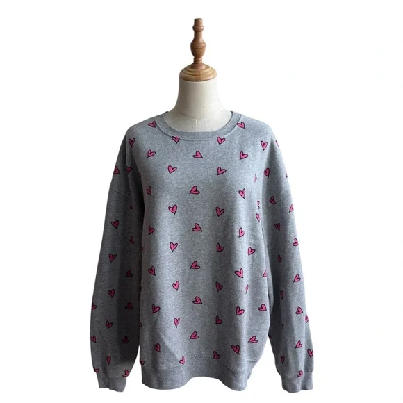 Anthropologie KULE The Oversized All Over Heart Sweatshirt Grey Pink Size Large - Picture 2 of 13